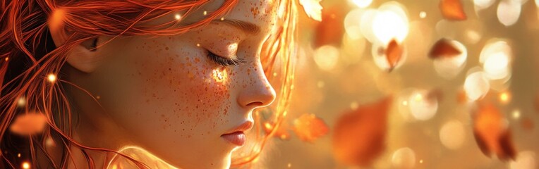 Poster - Serene depiction of a woman's face with autumn leaves and warm sunlight creating a magical ambiance in a tranquil setting
