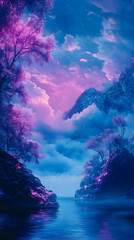intense ultramarine blue blending into glowing fuchsia with a surreal misty dreamscape hovering bene