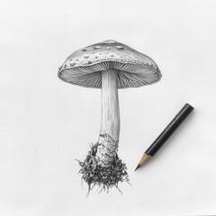 Poster - Mushroom with gills displayed alongside a pencil, highlighting details of its structure and environment