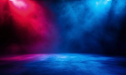 Wall Mural - Abstract background with a spotlight on a dark floor. Blue and red lighting, with smoke or fog. A stage or concert backdrop with copy space