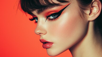 Wall Mural - a studio shot of a brunette model with dramatic makeup and a sleek hairstyle.