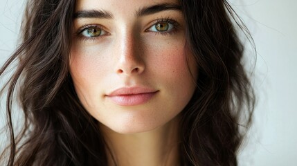 Wall Mural - a close-up of a brunette womanâ€™s face with flawless skin and minimal makeup.