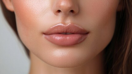 Wall Mural - a close-up of a brunette womanâ€™s face with flawless skin and minimal makeup.