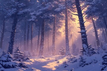 Wall Mural - mystical winter forest at twilight with snow-laden pine trees, gentle fog weaving between trunks, and last golden sunrays filtering through branches creating a magical luminous atmosphere