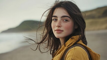 Wall Mural - a carefree young brunette woman walking along a beach, with the wind in her hair.