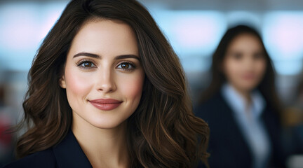 Poster - Professional woman smiling in office setting, exuding confidence and warmth