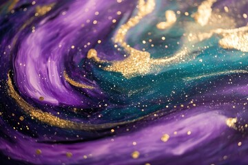 Wall Mural - shimmering cosmic nebula with swirling violet and teal galaxies, ethereal golden stardust particles dancing across a deep space backdrop, celestial magic