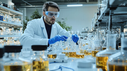 Aufkleber - focused scientist in laboratory conducts experiments with various glassware, showcasing dedication and precision in research