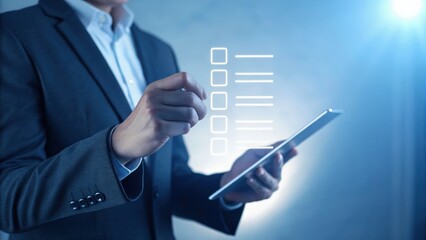 Poster - A sharp-dressed professional interacts with a digital checklist on a tablet, symbolizing efficient task management, productivity, and modern business organization in a tech-driven workplace.  
