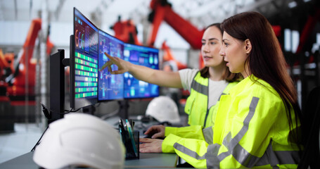 Poster - Female engineer developing automated manufacturing system at modern factory
