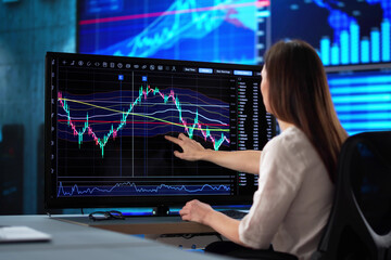 Poster - Focused businesswoman analyzes stock market data