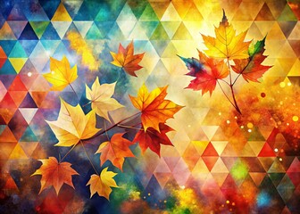 Poster - Abstract Autumn Mosaic Watercolor Painting with Geometric Shapes and Bokeh Effect - Stock Photo