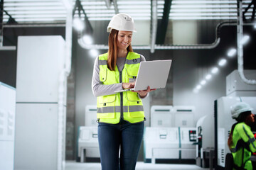Poster - Woman inspection semiconductor chip production on factory assembly line