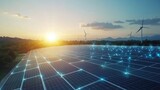 Sunset over a vast solar farm and wind turbines, showcasing renewable energy and technological advancement