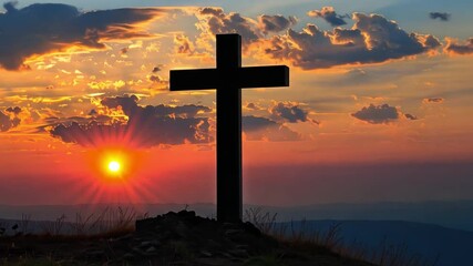 Wall Mural - silhouette of cross against vibrant sunset sky, with clouds and sunlight illuminating horizon, captu