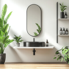 Poster - Modern bathroom with sleek black sink, mirror, and lush greenery creating serene atmosphere