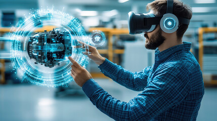 Aufkleber - Immersive virtual reality experience with male engineer interacting with holographic technology