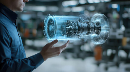Aufkleber - male engineer interacts with holographic engine design, showcasing innovation and technology in modern workspace