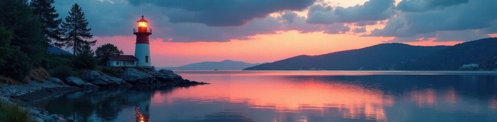 Wall Mural - grainy polaroid of lighthouse, calm lake at dusk, dark, lake