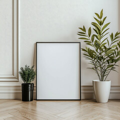 Poster - minimalist interior scene featuring blank frame, black pot with small plant, and white pot with larger plant, creating serene atmosphere