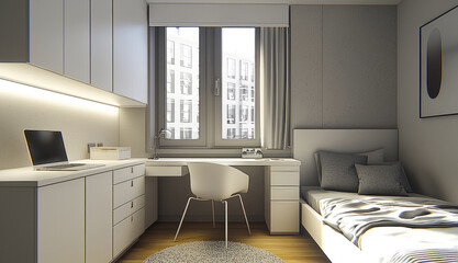 Poster - modern bedroom with desk, chair, and large window, featuring minimalistic design and natural light