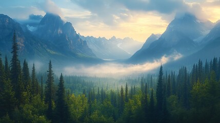  Misty mountain valley sunrise landscape.
