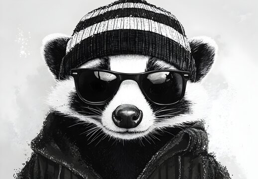  illustration black and white graphic of a skunk on white