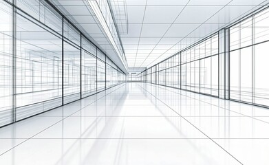  Modern Minimalist Corridor Blueprint with Expansive Glass Windows and Reflective Flooring Design
