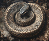 Captivating close-up of a coiled snake with intricate scales, showcasing nature's beauty and the mesmerizing patterns found in wildlife, dark background