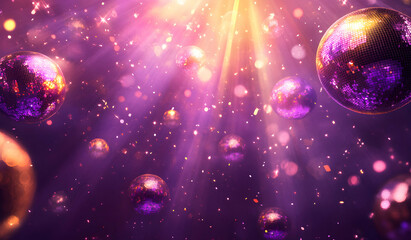 Poster - Captivating disco balls in a dreamy scene with radiant light beams and shimmering confetti, evoking a festive ambiance and joyful celebration perfect for any event
