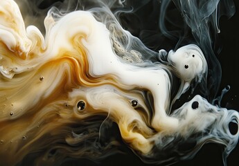 Poster - Abstract fluid art composition featuring dynamic swirls of white, gold, and black colors with captivating patterns and depth, perfect for creative projects and designs.