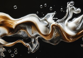 Poster - Abstract swirls of liquid cream and coffee create mesmerizing patterns in dark background with bubbles and smooth textures for artistic designs