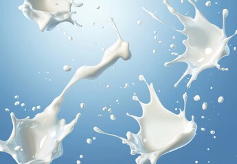 Poster - Aesthetic Milk Splashes Captured on a Soft Blue Background Creating a Visual Treat Ideal for Culinary, Dairy, and Creative Projects