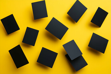 Poster - Elegant Array, Minimalist Black Cards on Vibrant Yellow Backdrop Creates a Dynamic Visual Composition Perfect for Modern Design and Creative Projects