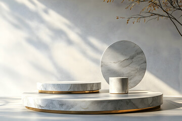 Poster - Elegant marble podium presentation with tree branch shadow for product display, showcasing natural light and minimalist aesthetic design