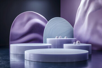 Poster - elegant product display with pastel podiums and decorative shapes