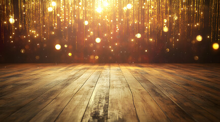 Poster - Elegant Wooden Floor with Golden Light Streaks, Perfect for Festive Season Backdrop and Product Showcase, Creating a Luxurious and Warm Ambiance