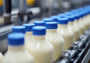 Poster - Bottled Milk on Production Line in Dairy Factory Process with Blue Caps in Focus, Fresh Dairy Products Ready for Distribution and Sale