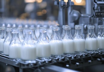 Poster - Bottles of Fresh Milk on Production Line in Modern Dairy Factory with Industrial Equipment and Automated Processes in Soft Focus Background