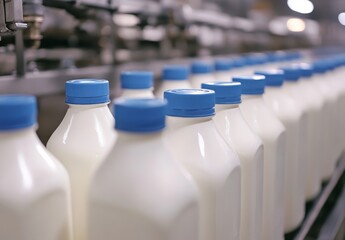 Poster - Bottles of Milk on Production Line in Dairy Factory with Blue Caps Conveying Fresh Dairy Products and Efficient Manufacturing Process in Industrial Setting