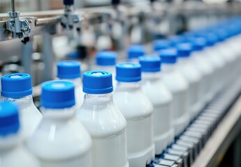 Poster - Bottles of Milk on Production Line in Dairy Factory with Blue Caps Moving on Conveyor Belt Ready for Packaging and Distribution in Modern Manufacturing Process
