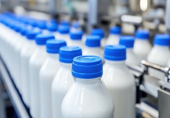 Poster - Bottles of Milk with Blue Caps on Conveyor Belt in Dairy Production Facility Showcasing Modern Packaging Technology and Quality Control Practices