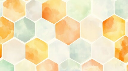 Wall Mural - A watercolor-inspired vector honeycomb pattern with soft yellow hexagons blending into gentle orange hues. The set features additional variations with calming shades of light gray, pastel peach.