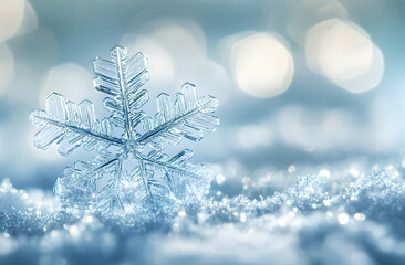 Poster - ethereal ice crystal, a macro view of a snowflake's intricate details with bokeh lights, capturing t