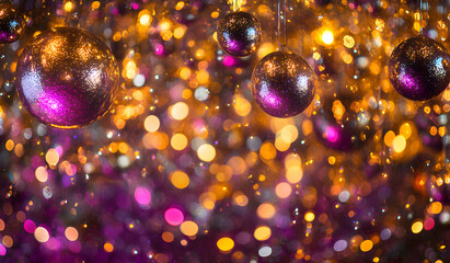 Poster - Festive christmas ornament display with glittering lights and reflective baubles creating a magical and vibrant holiday atmosphere for backgrounds and designs