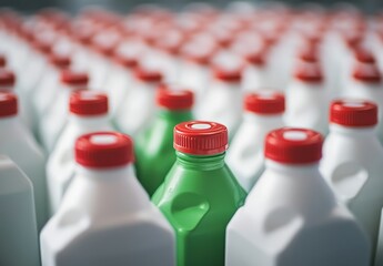 Poster - Bright green bottle standing out among rows of classic white milk containers with red caps in a factory or storage setting, showcasing uniqueness and branding.