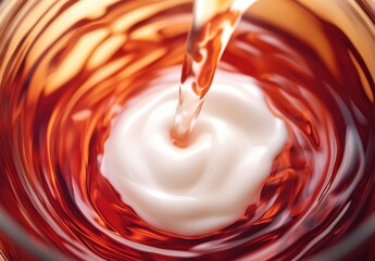 Poster - Captivating Close-Up of Cream Being Poured into Dark Liquid Creating Swirling Patterns in a Concave Glass Container