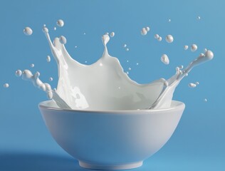 Poster - Captivating Milk Splash in White Bowl Against Bright Blue Background Creating a Playful and Invigorating Visual Atmosphere