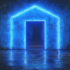 Wall Mural - neon house-shaped doorway, grunge room, blue light, entrance, abstract background, website banner