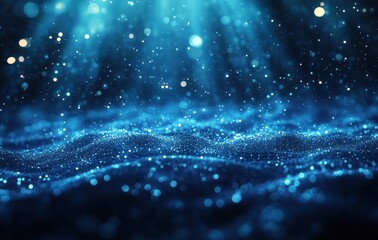 Poster - Captivating underwater scene with shimmering particles, gentle waves, and ethereal light streaming through depths of the ocean, creating a tranquil atmosphere